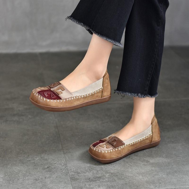 Johnature Vintage Mieszane Kolory Ręcznie Robione Damskie Buty Miękka Podeszwa Płytkie Prawdziwej Skóry Kwadratowe Noski Płaskie Buty