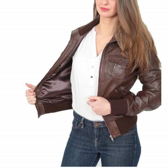 NOORA Lambskin VINTAGE Dark Brown Leather Bomber Jacket, Women Winter Jacket, Biker Jacket