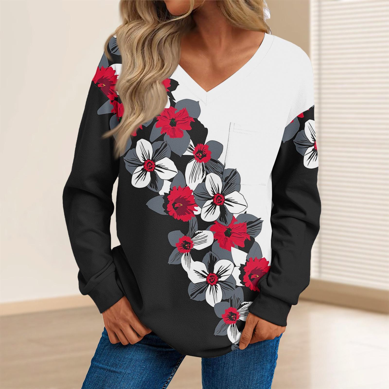 

Женская мода повседневный свитер с длинным рукавом и принтом V-образным вырезом S