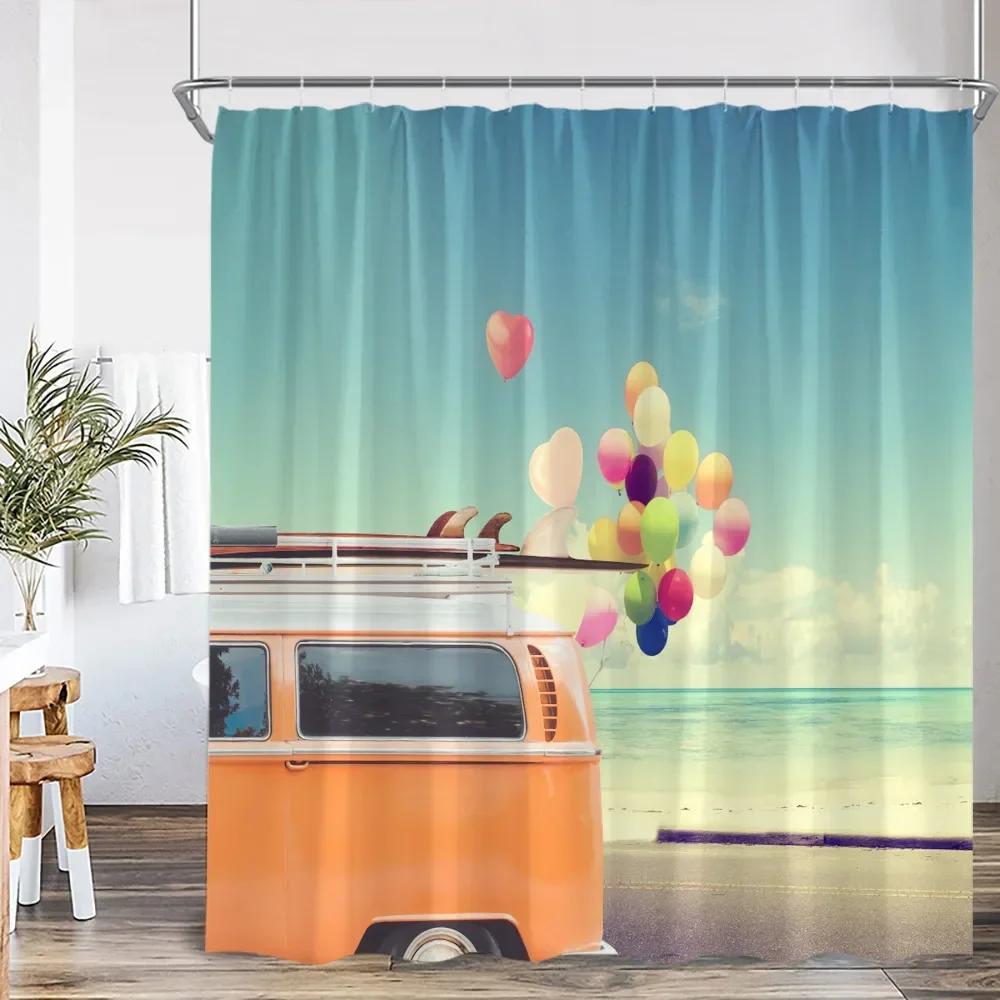 Camping Shower Curtain Camper Travel Bus Beach Coconut Tree Surfboard Outdoor Action Bathroom Decoration RV Shower Curtain