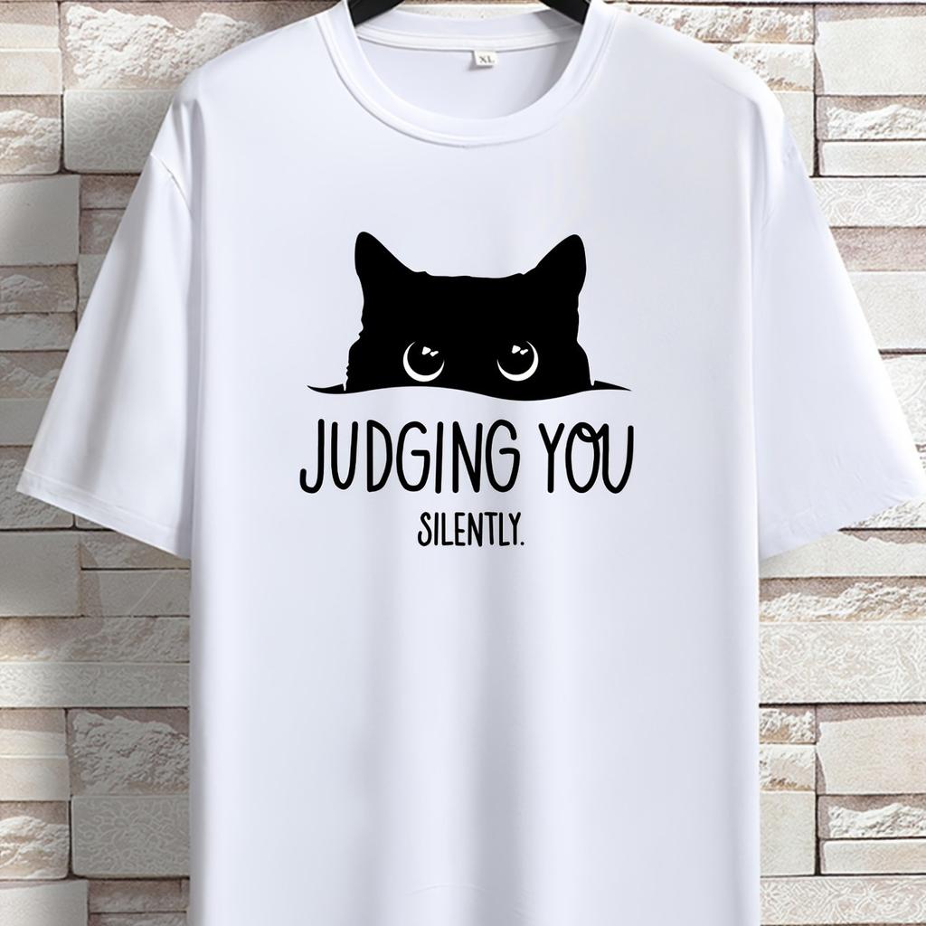 Cat Print Loose T-shirt, Women Short Sleeve Crew Neck Tops, Casual Clothing for Spring Summer