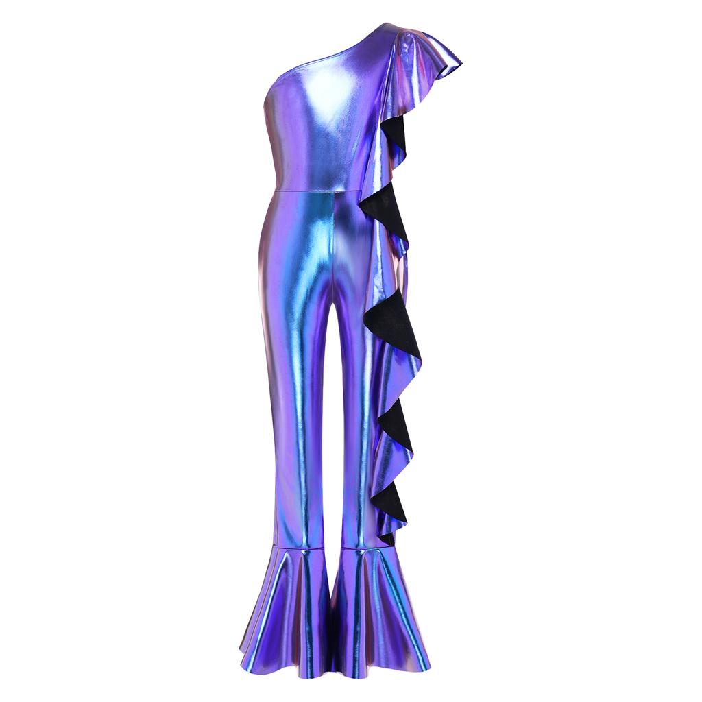 Metallic Shiny One Shoulder Disco Party Jumpsuit for Girls Sleeveless Side Ruffles Bell Bottom Romper Unitard Romper Streetwear