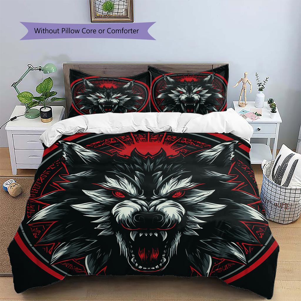 Red-Eyed Wolf  Pattern Bedding Quilt Set Quilt Cover Pillowcase Home Decoration  Gift (1 * Duvet Cover + 2 * Pillowcase, Without Core)