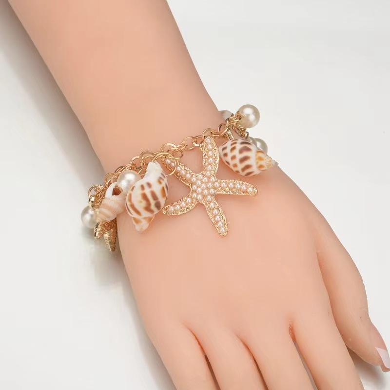 Gold Color Metal Starfish Conch Charm Women Bracelet Imitation Pearl Natural Conch Cute Summer Bracelet Y2K Fashion Jewelry