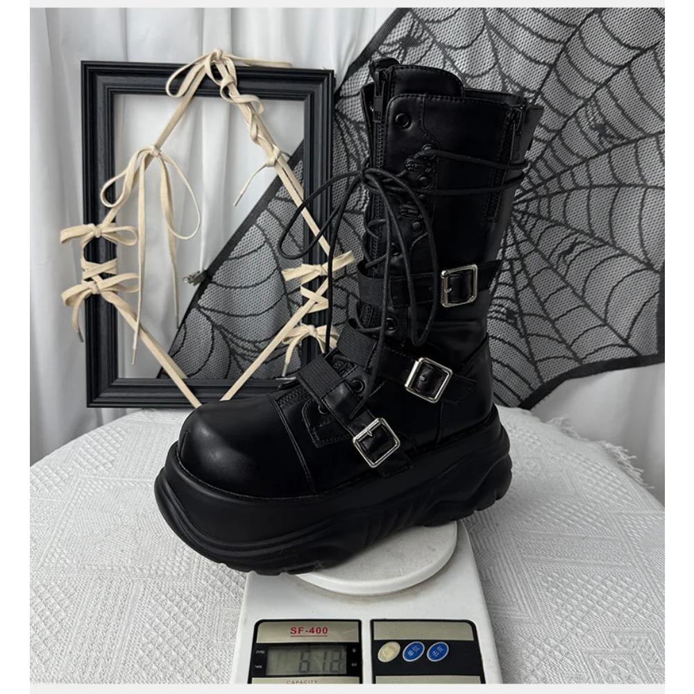 Damen Original Subkultur Plateau Punk Stil Spice Girls Funktioneller Wind Mittelhohe Stiefel 7cm