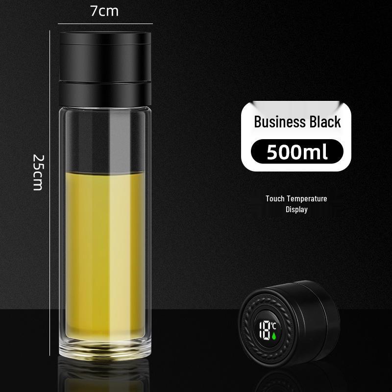 Men's Business Tea Infuser: Portable Double-Layer Glass Cup with Smart Temperature Display, Heat Insulation, and Anti-Scald Design.