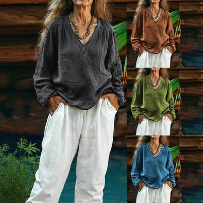 2025 New Women's Casual Long-sleeved V-neck Door Tube Regular Solid Color Multi-color Tops T-shirt