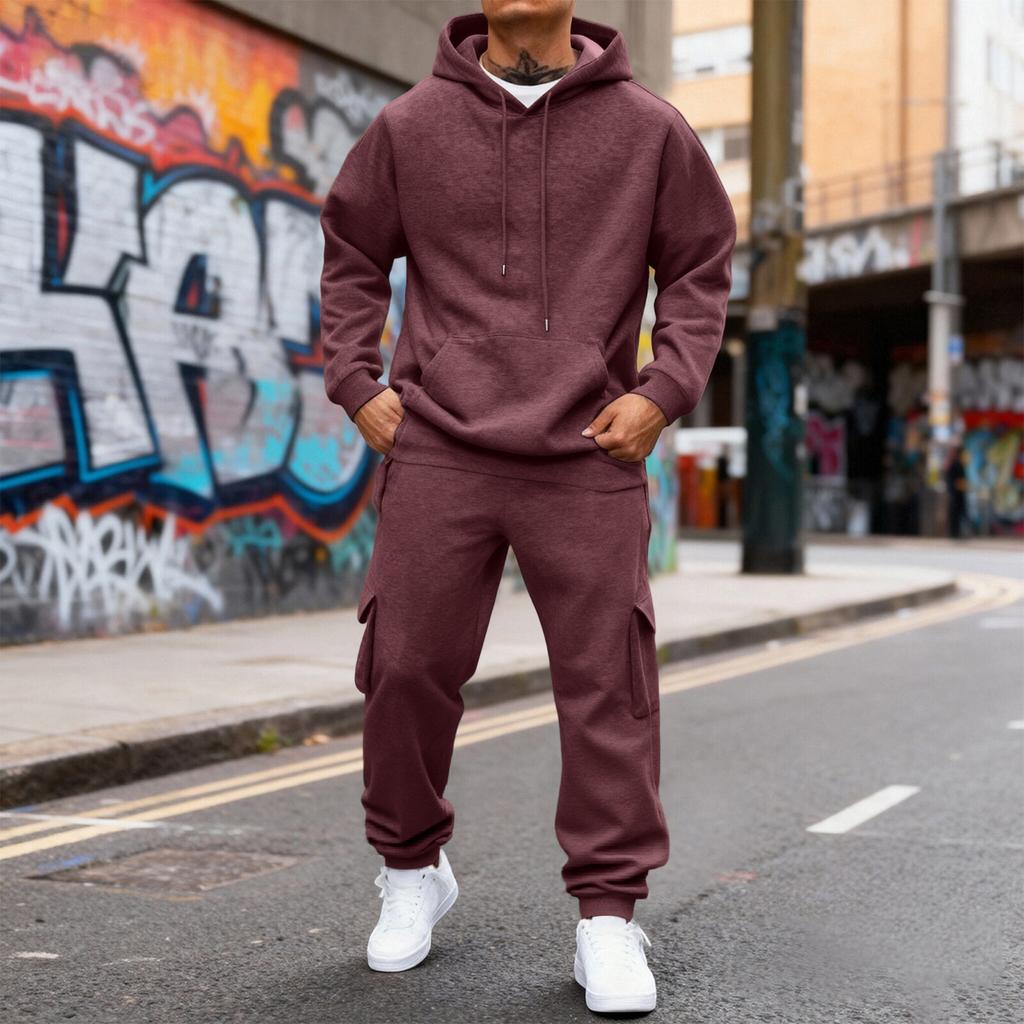 Men's Fleece-Lined Thermal Two-Piece Tracksuit Set | Color Hoodie With Cargo Joggers & Elastic Waist For Casual Outdoor Activities