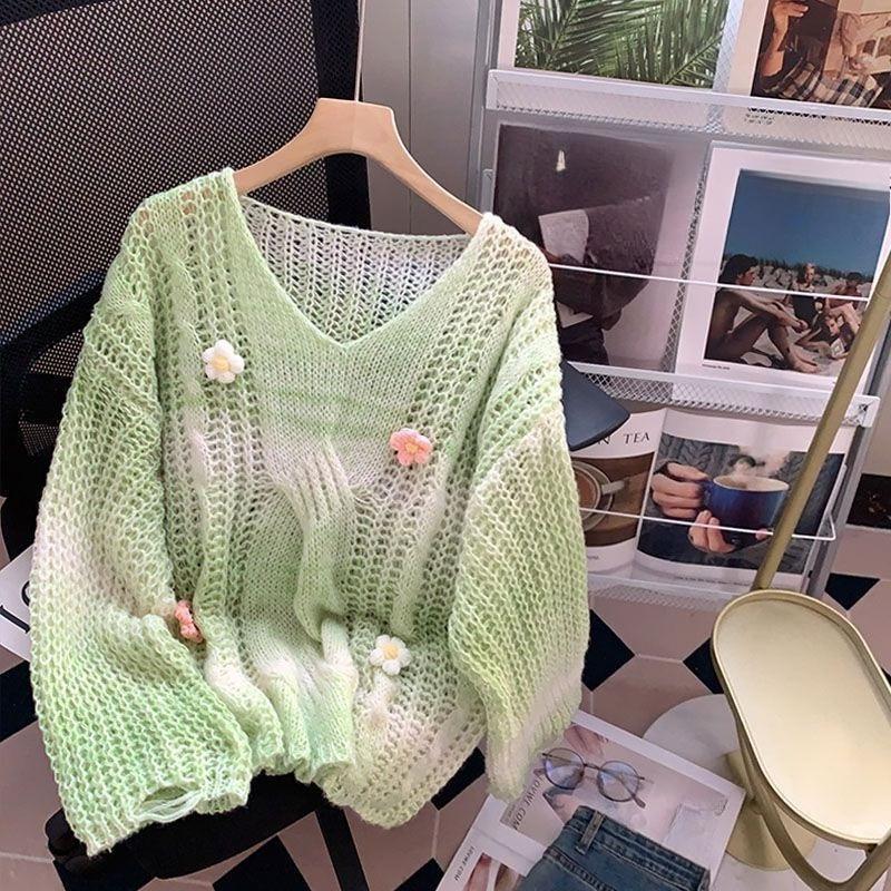 

Женский 3D свитер с цветочным градиентом, милый, женственный, свободный, вязаный, модный, удобный женский пуловер, топ One Size зелёный