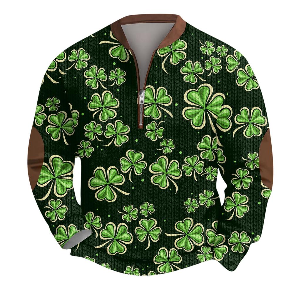 Mens Christmas Sweater Zip Up Sweatshirts Vintage Knit Graphic Sweatshirt St. Patrick's Day Stand Collar Pullover