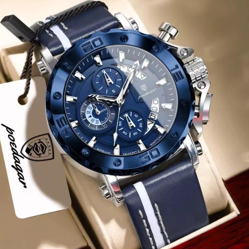 POEDAGAR Sportuhren für Herren Wasserdicht Leuchtend Datum Uhr Chronograph Leder Quarz Funktionell Armbanduhr Reloj