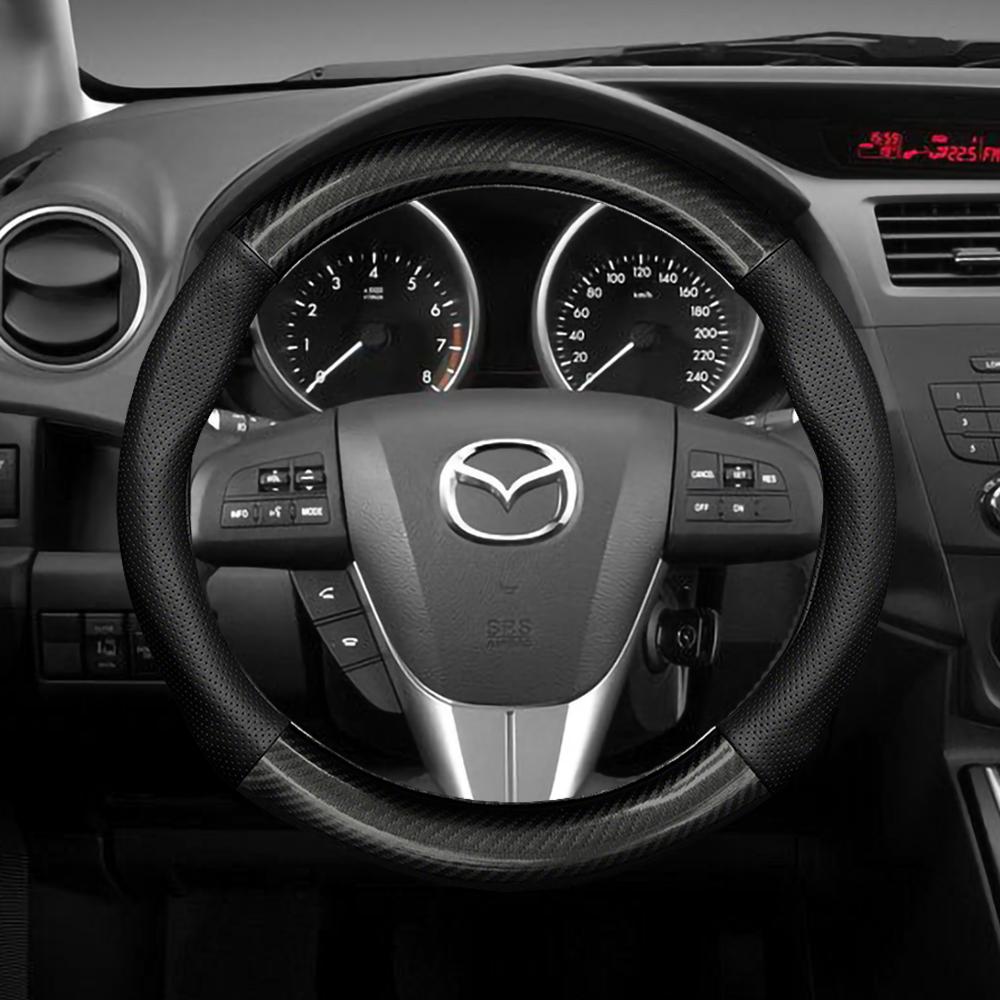 For Mazda 3 6 CX5 2 CX3 CX9 MX5 RX8 Axela Demio Atenza MS GJI GH Skyactiv Car Carbon Fiber Leather Non-Slip Steering Wheel Cover