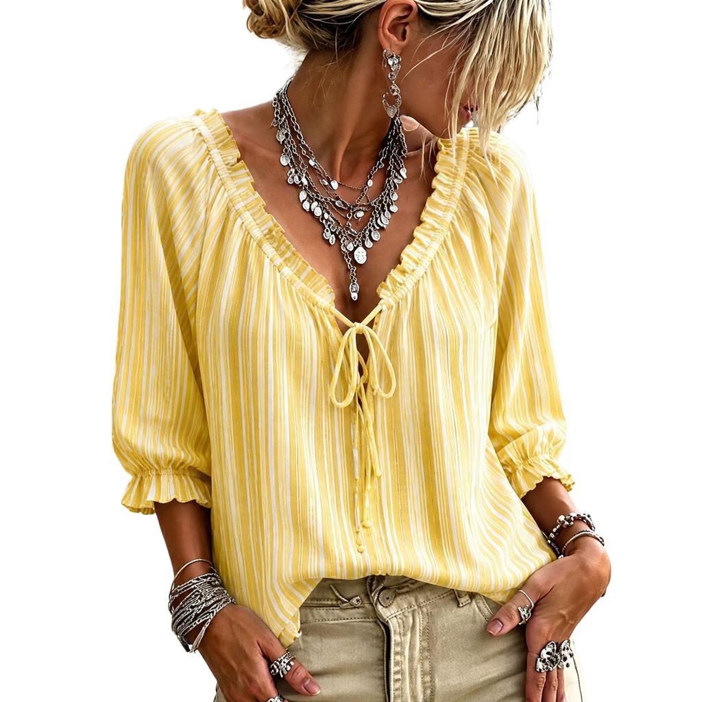Women's Casual Striped V-Neck Blouse with Tie and Ruffled
