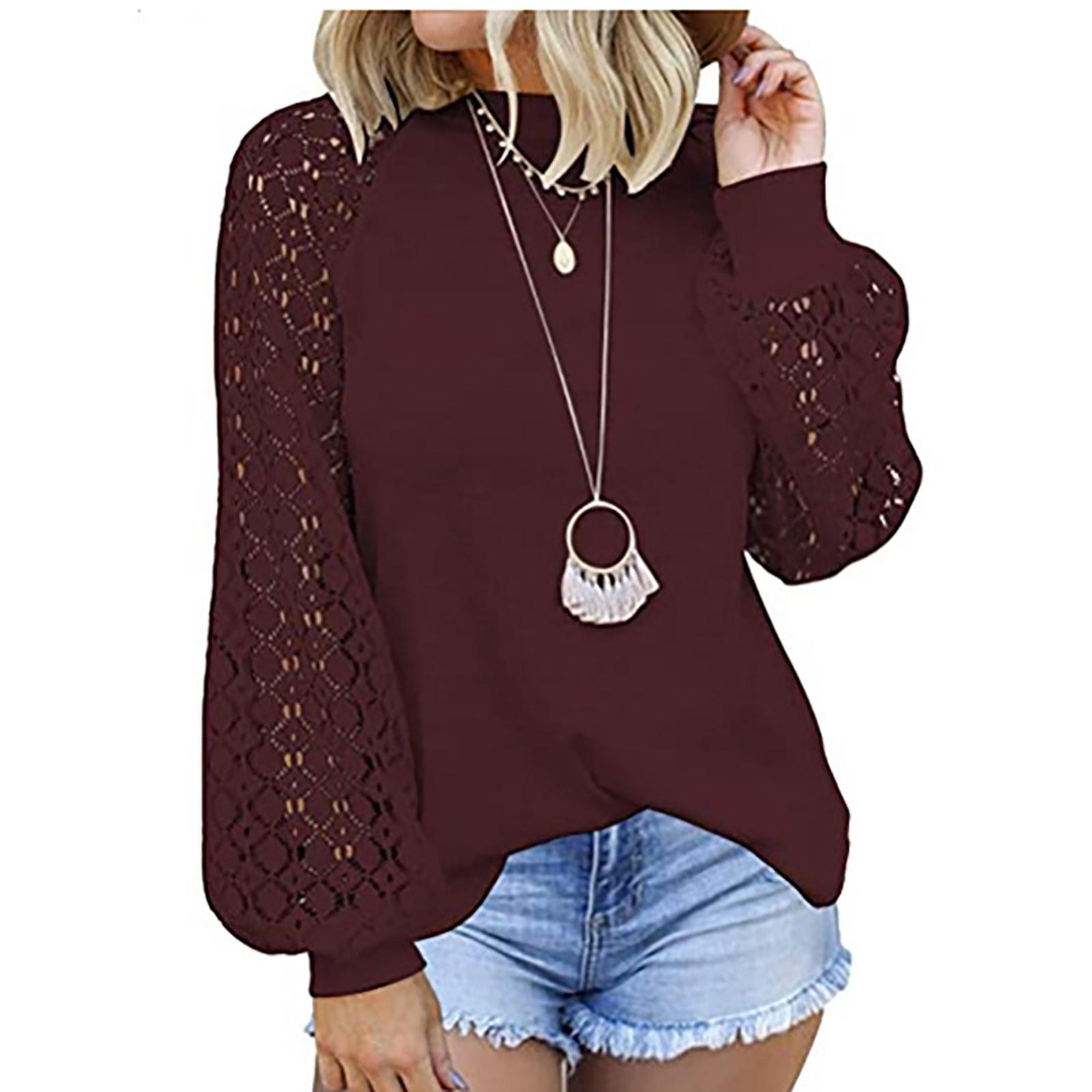 

Женская мода повседневная блузка однотонная с длинным рукавом кружевной сращивающийся свободный топ M винный
