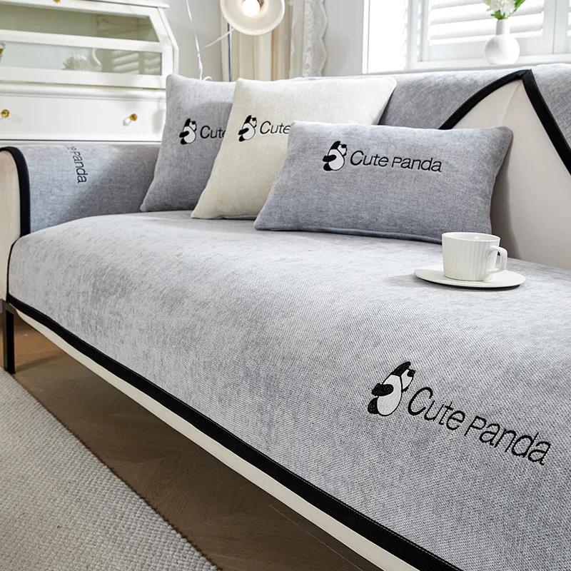 

Чехол для дивана с вышитой пандой, однотонный, из хлопка и льна, для гостиной, нескользящий, универсальный, всесезонный чехол для дивана 70x70