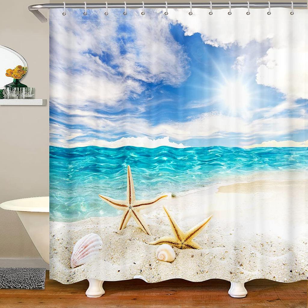 Beach Coastal Shower Curtain Summer Hawaii Ocean Seaside Sunset Sunrise Shower Curtains For Bathroom Waterproof Bath Curtain