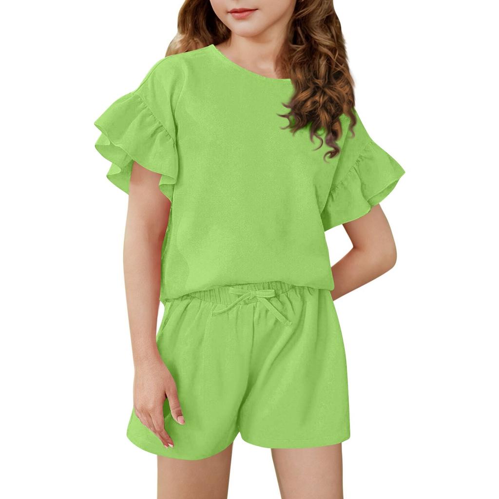 Girls' Summer Outfit Ruffle Sleeve Top And Shorts Clothing Set Lightweight Casual Two Piece