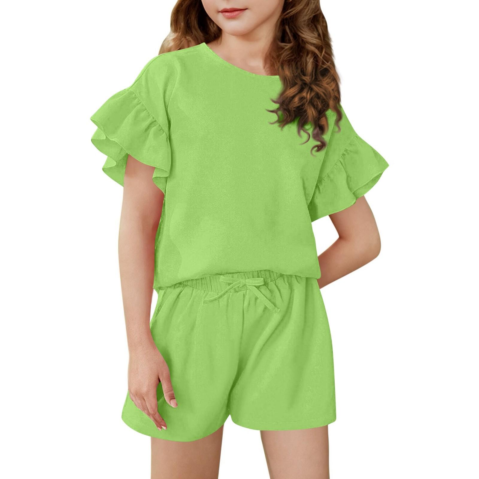 

Girls Summer Outfit Ruffle Sleeve Top And Shorts Clothing Set Lightweight Casual Two Piece 120