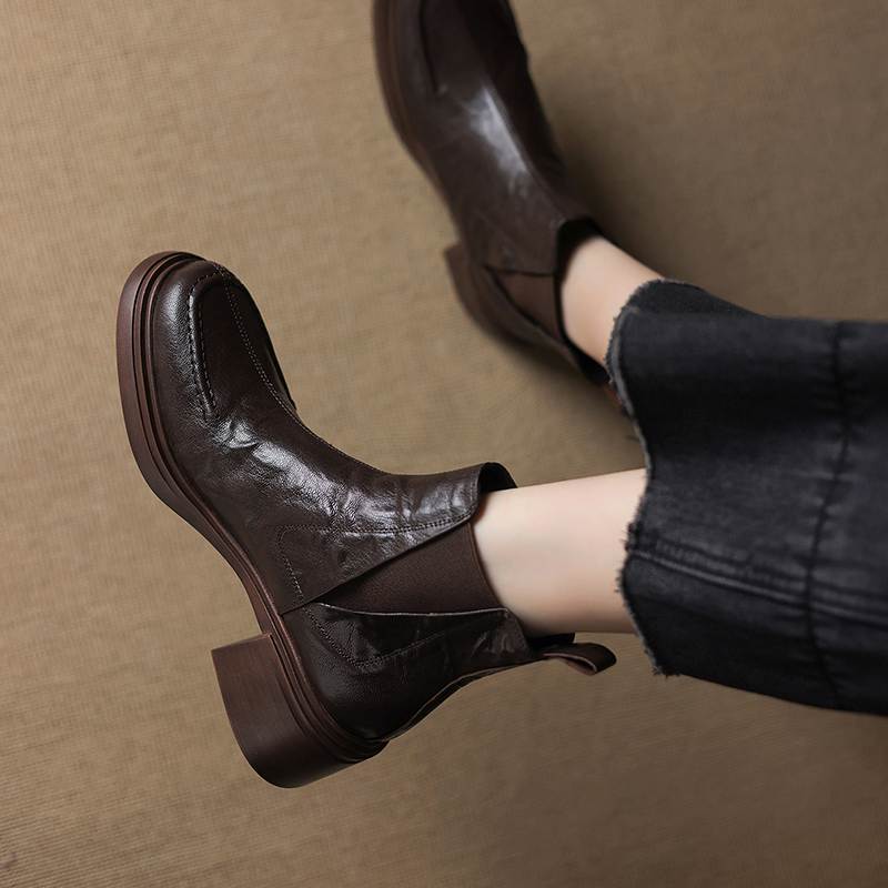 Krazing Pot Sheepskin Round Toe Thick Heels Chelsea Boots Size 42 High Quality Women Keep Warm Ankle Boots