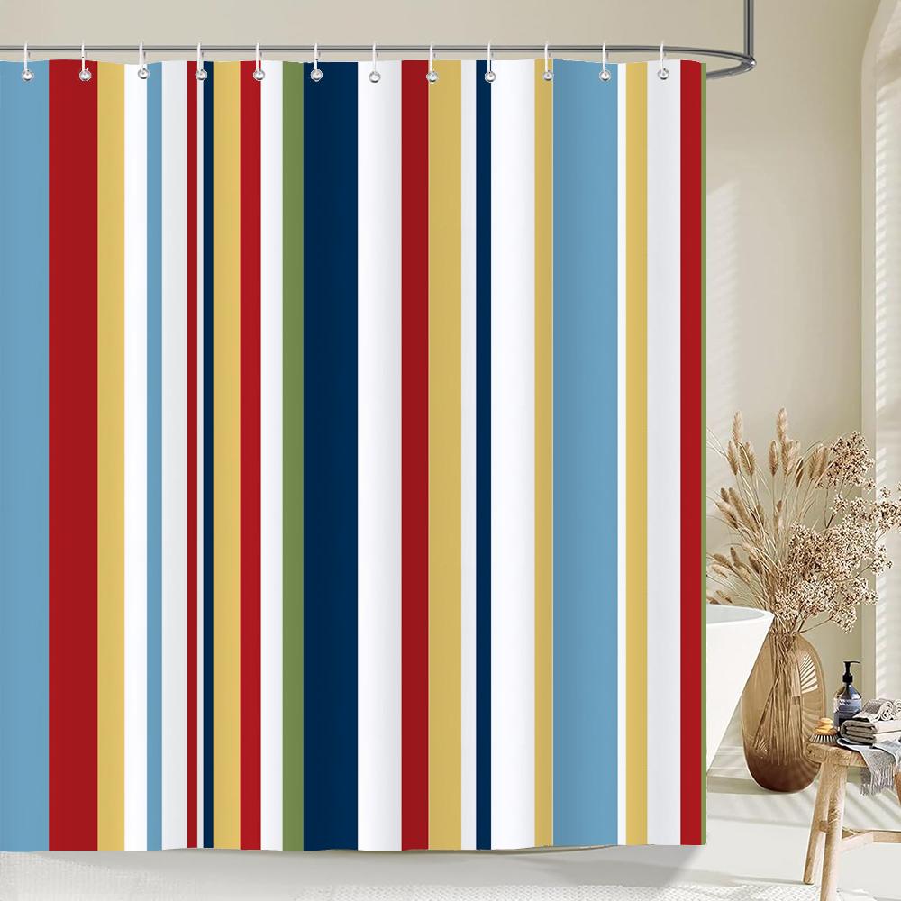 Geometric Stripe Printed Shower Curtain Color Art Polyester Fabric Shower Curtain Home Bathroom Decoration Curtain with Hooks