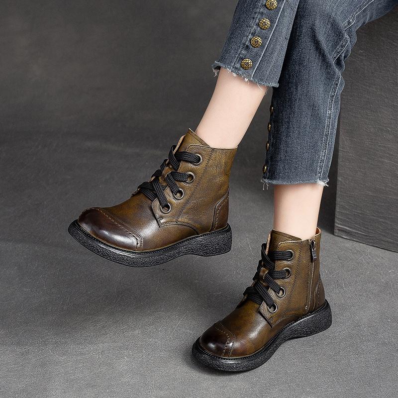 Fashion GKTINOO Genuine Leather Women Short Boots 2025 New Winter Round Toe Ziper Solid Color Handmade Retro Ankle Boots