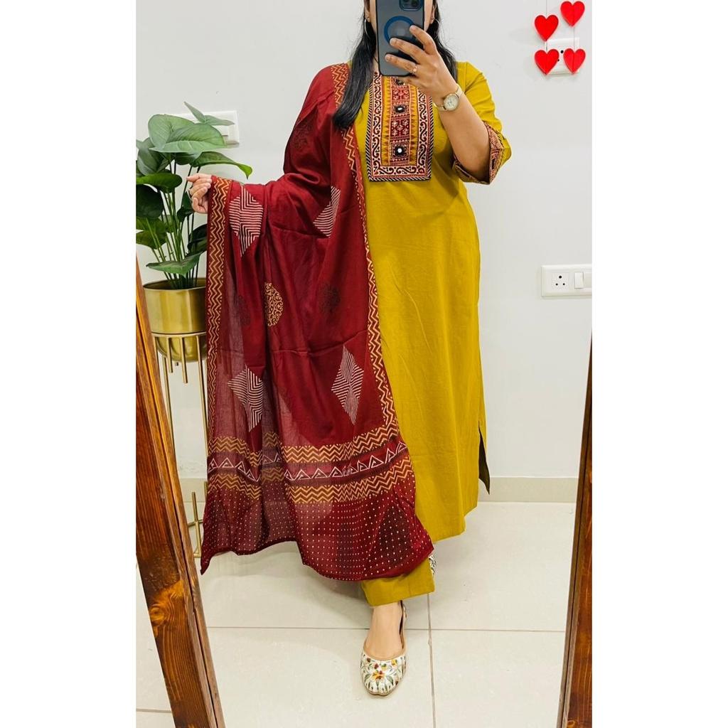 Bollywood Pure Cotton Ethnic Kurti Pant Dupatta Set Indian Women Top Kurta Set