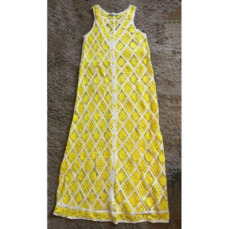 

Spanish Summer Eye-Catching Yellow Hollow out Loose Sleeveless Dress Dress Yellow Size S