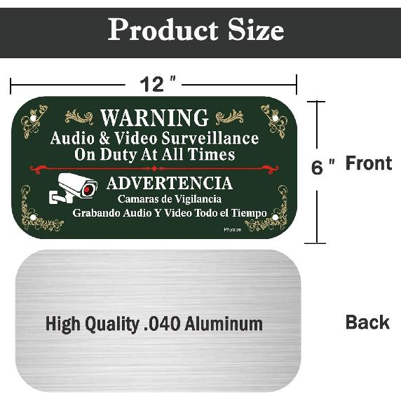 2 Pack Audio & Video Surveillance On Duty At All Times Sign, 12 x 6 inch Rust Free Aluminum Sign, Weather Resistant, Waterproof, Durable Ink, Easy to