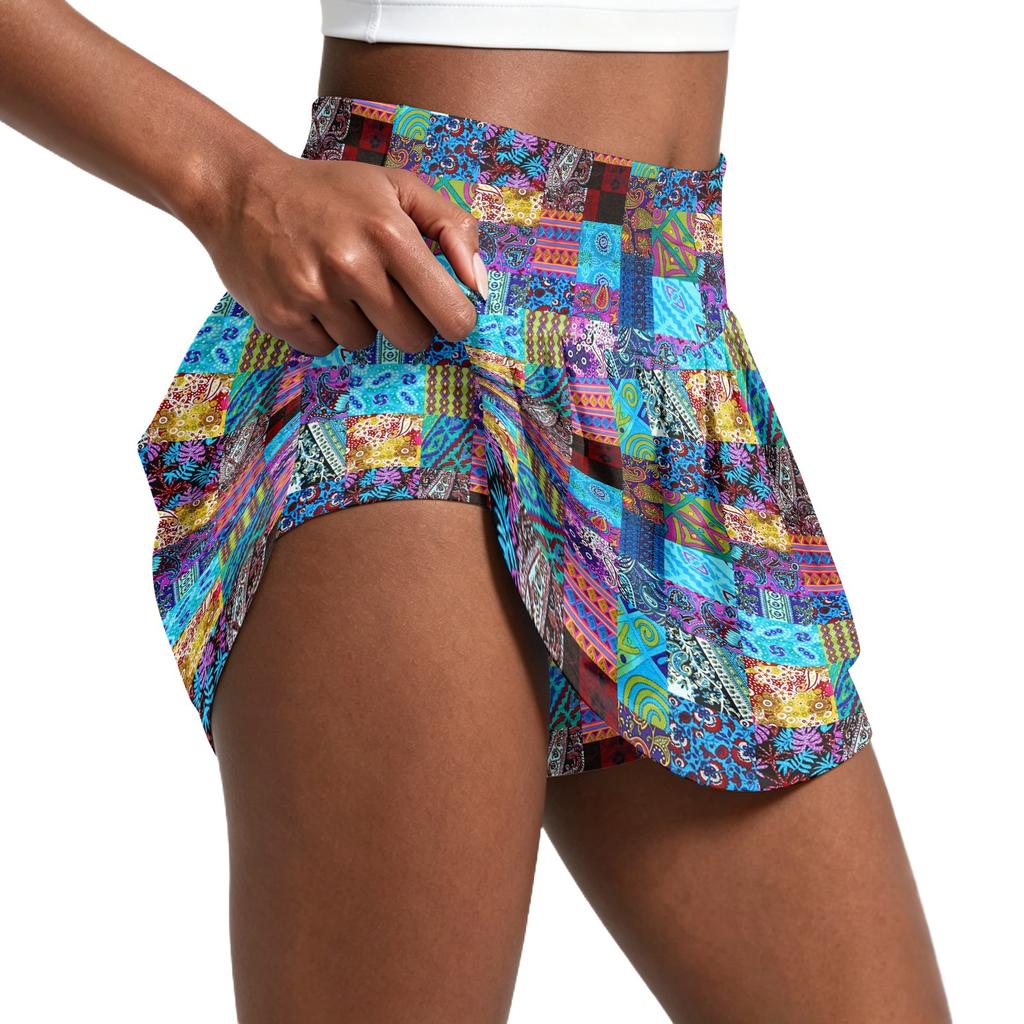 Women's Vintage Floral Print Pleated Tennis Skirt with Built-In Shorts for Running Yoga Fitness Casual Sportswear