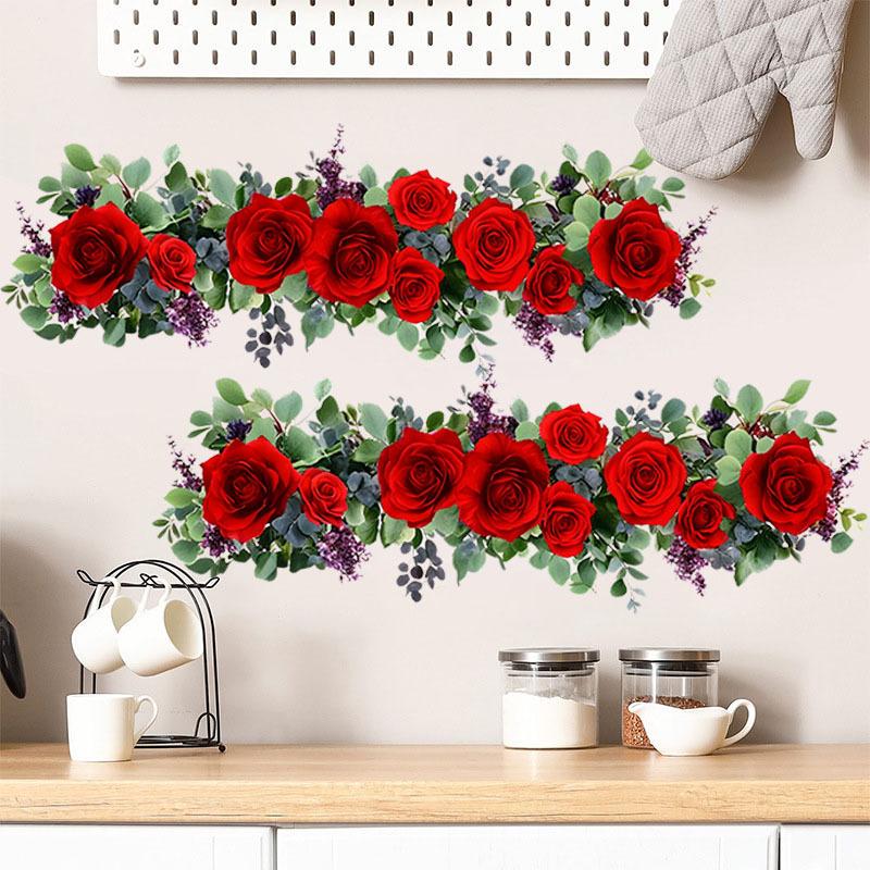 Soft Pink Roses with Green Leaves Wainscoting Wall Sticker Self-Adhesive PVC for Living Room Bedroom Removable Home Decor
