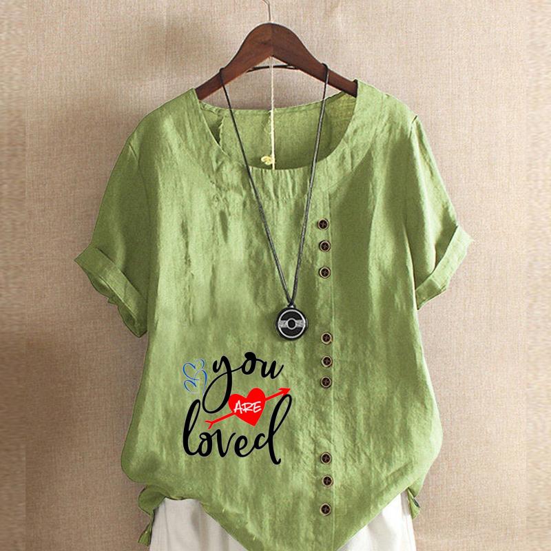 Women's Fashion Love Letter Prined Short Sleeve T-shirt Loose Cotton Shirt Casual Loose Summer Blouse Plus Size Tops
