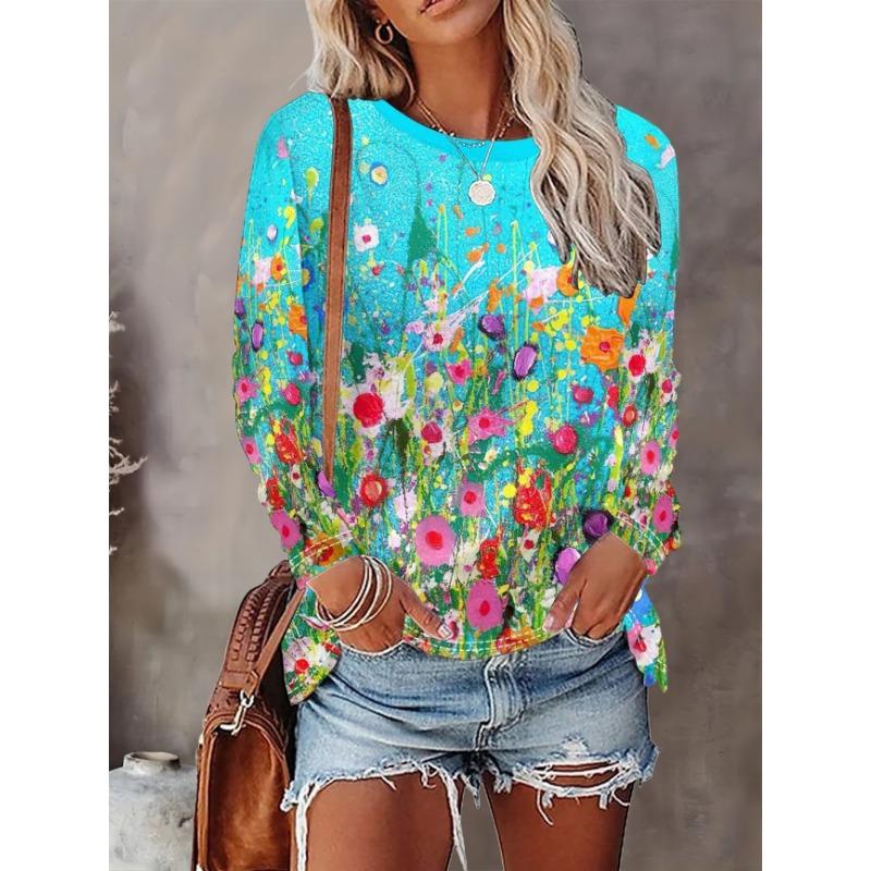 Maglione Largo da Donna 2026 Primavera, Estate, Autunno e Inverno Nuovo Design Stampato Top T-shirt a Manica Lunga Girocollo Taglia Larga