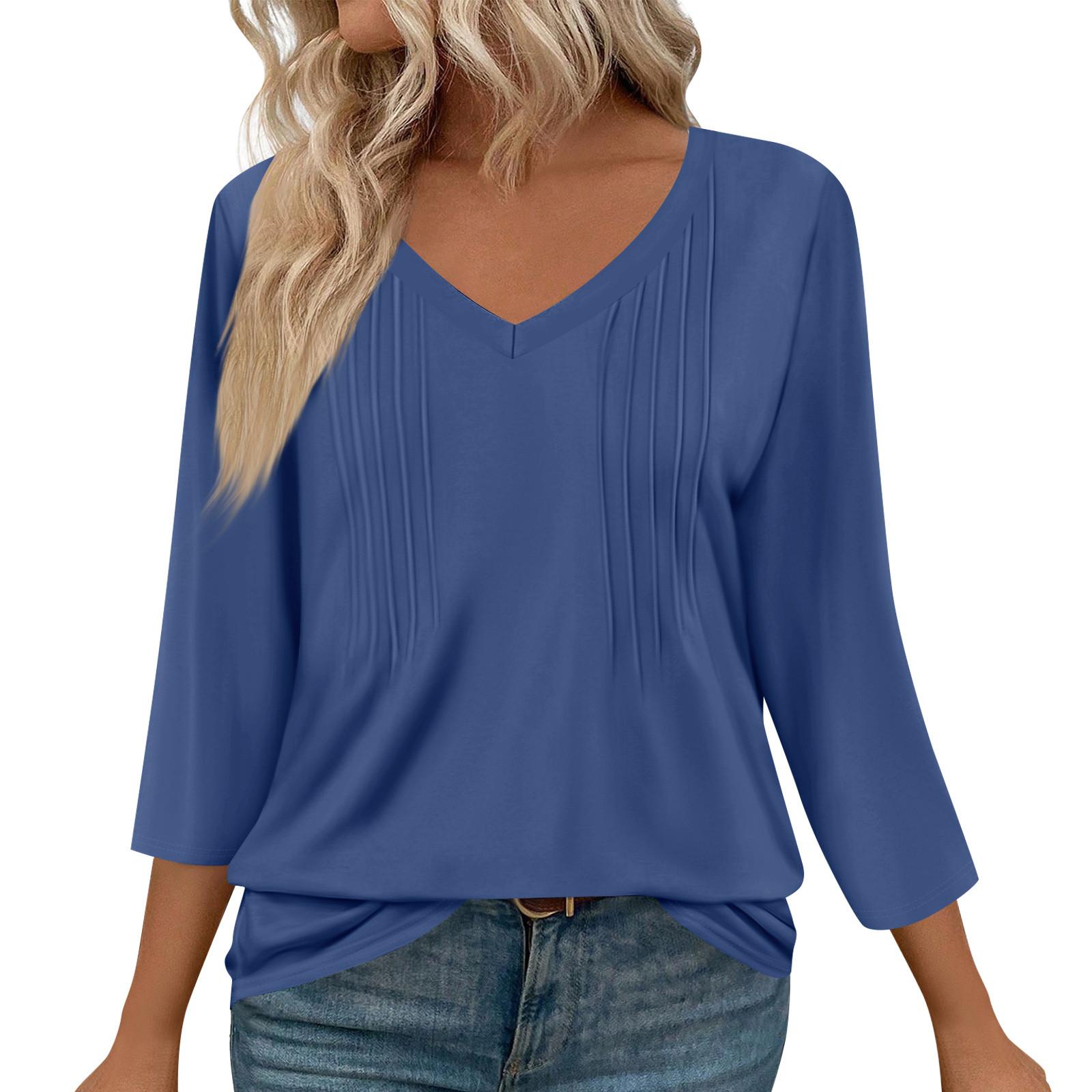 

Женская мода повседневные топы с рукавом 3/4 плиссированные модные топы футболки L синий