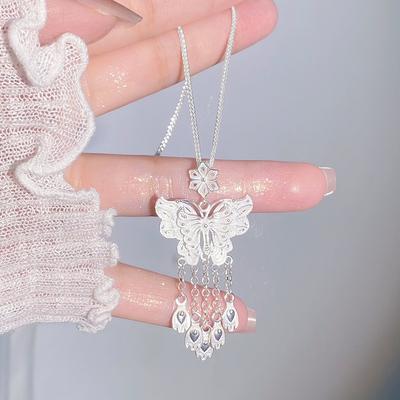 Chinese Style Flowers Butterfly Tassel Necklace for Women New Chinese Style Versatile Literary Sweet Necklace