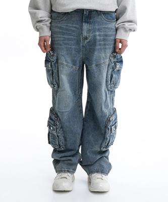 OHY Fourteen Cargo Pockets Washed Jeans-Blue