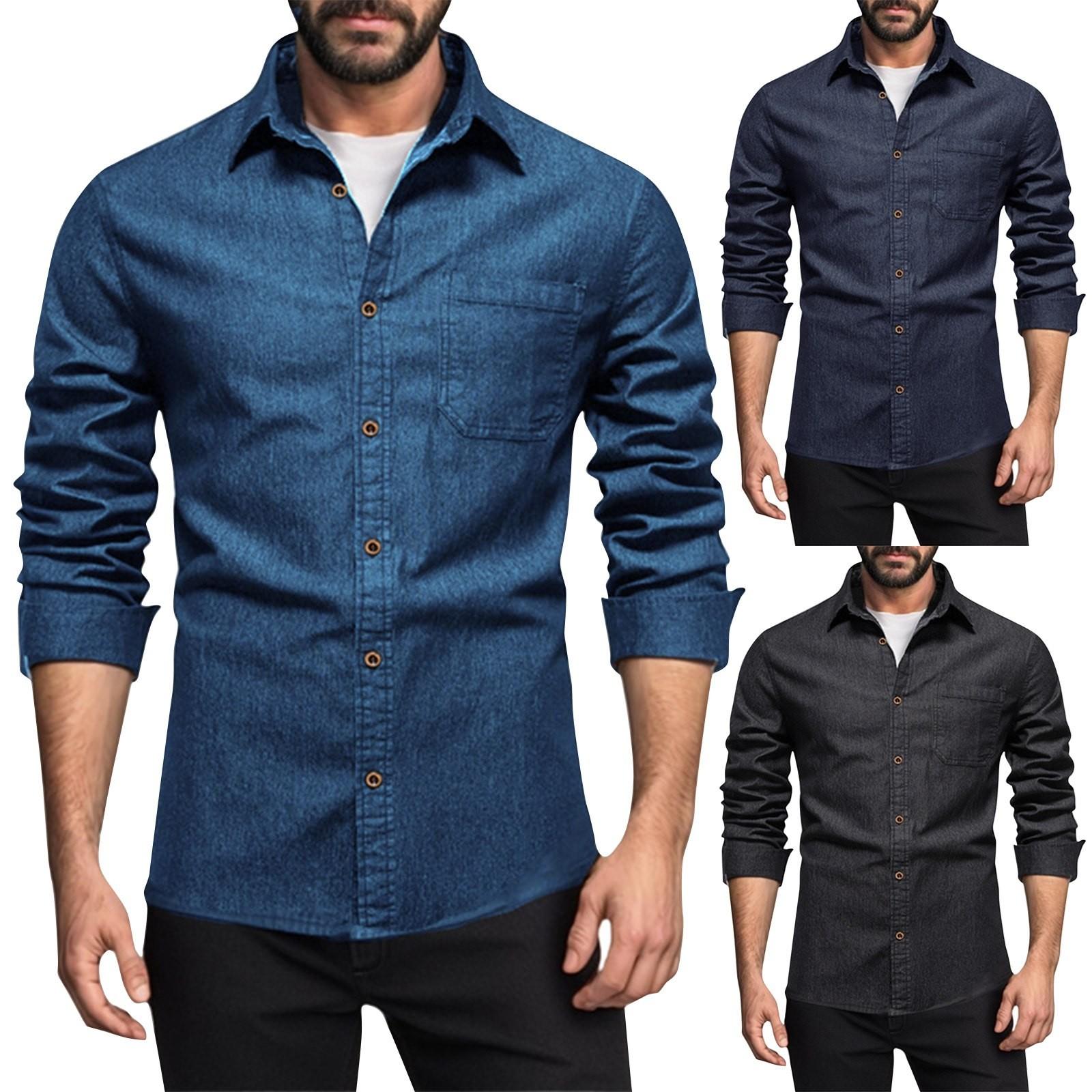 

Men s Summer Solid Color Lapel Long Sleeved Shirt Men s Casual Fashion Long Sleeved Shirt M Темно-синій