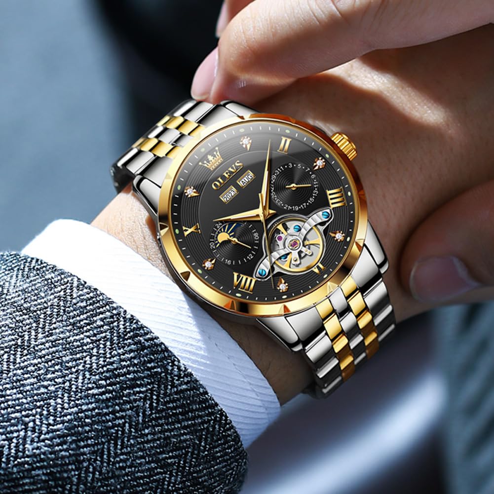 OLEVS Mechanical Automatic Winding Moon Phase Stylish Skeleton Waterproof Popular Watch Luminous Watch for Men Black Gold Men's &