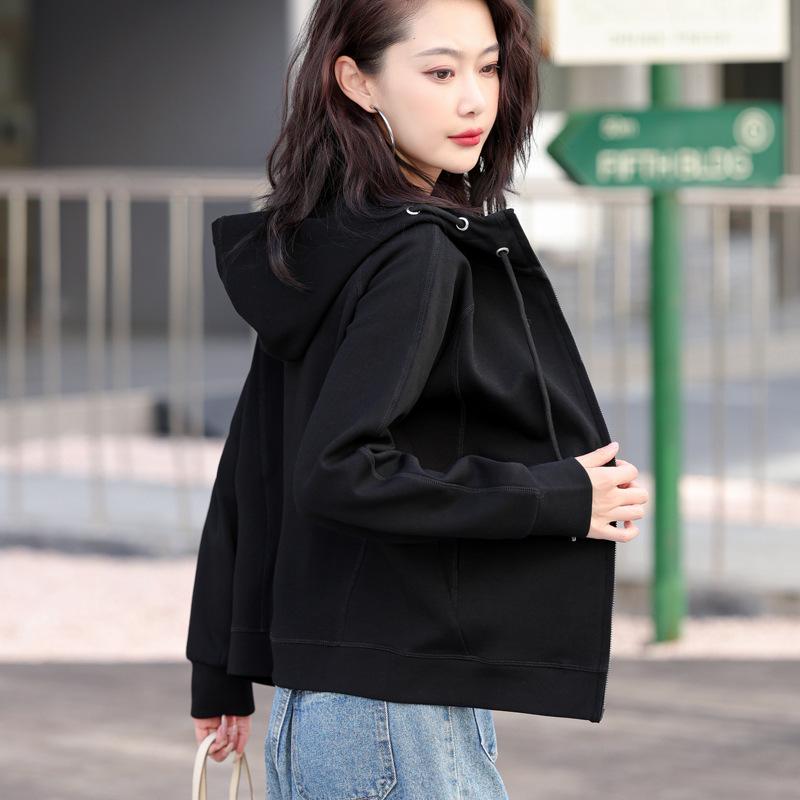 Grauer Damen-Cardigan-Hoodie mit doppeltem Reißverschluss, schwere Qualität - Sportlicher koreanischer Stil, Langarm, Frühjahr/Herbst Kollektion 2025.
