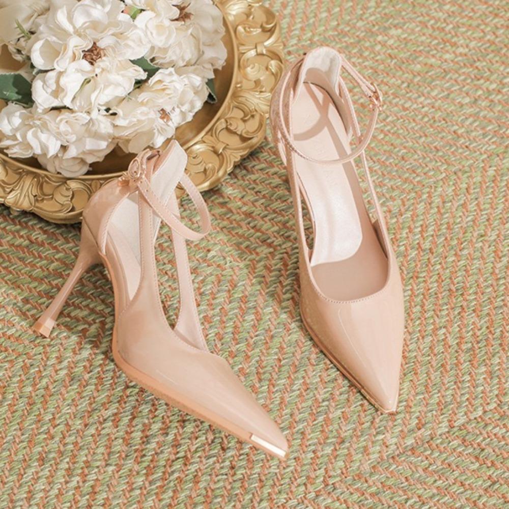 Heels for Ladies Thin Heel Pointed Metal Toe High Heels Women's Hollow Solid Color Patent Leather Commuter Work Shoes Women