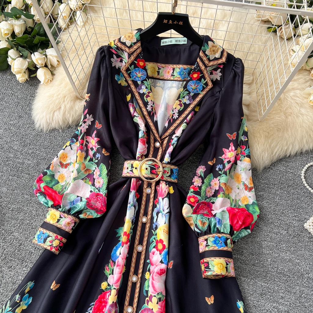 France Elegant Vintage Luxury Evening Dress Women Print  Button Long Party Dress Female Casual Chic Holiday Clothing