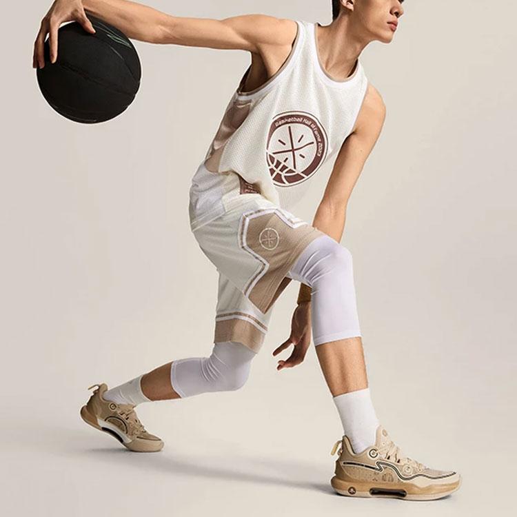 Li Ning Wade Series Spliced Mid Waist Drawstring Straight Leg Sports Shorts Men shorts Off-White Brown AAPU061-3