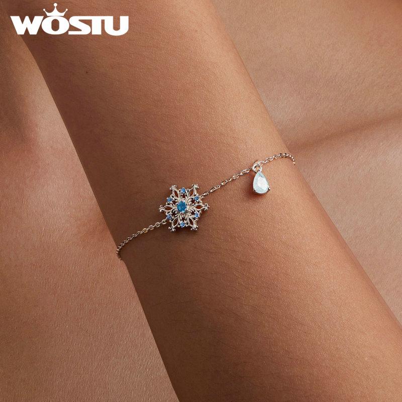 WOSTU Pulseira Floco de Neve Prata de Lei 925 Elo Cadeia Flor de Gelo Banhada a Platina para Mulheres Joias