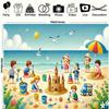 2D Cartoon Seaside Beach Backdrop, Colorful Kids Playing Sandcastle Background for Summer Birthday Party