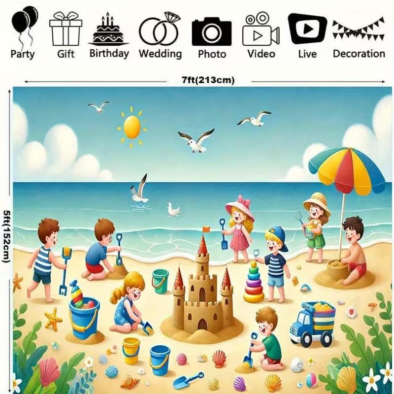

2D Cartoon Seaside Beach Backdrop, Colorful Kids Playing Sandcastle Background for Summer Birthday Party 47.2x31.5inch/120*80cm