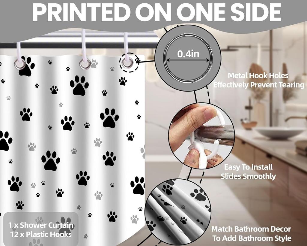 Paw Print Shower Curtain Dog Cat Black And White Funny Kids Bathroom Decor, Waterproof Cloth Fabric With Hooks (60" W X 72" L)