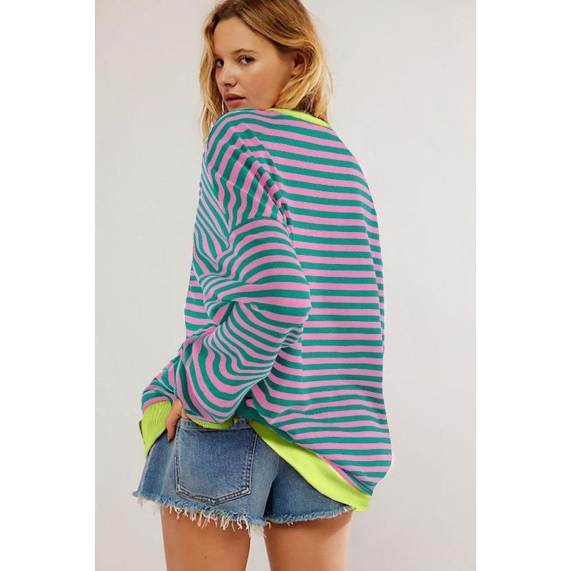 Women's Fashion Casual Spring Fall Stripe Print Long Sleeve O-Neck Blouses & Shirts