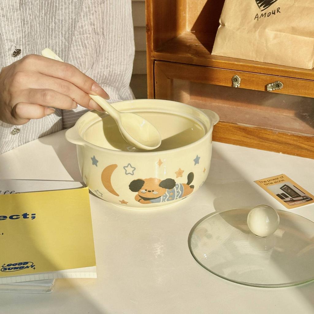 Ins Wind Cute Binaural Instant Noodle Bowl with Lid Household New Noodle Bowl Cream Wind Ceramic Snail Powder Bowl