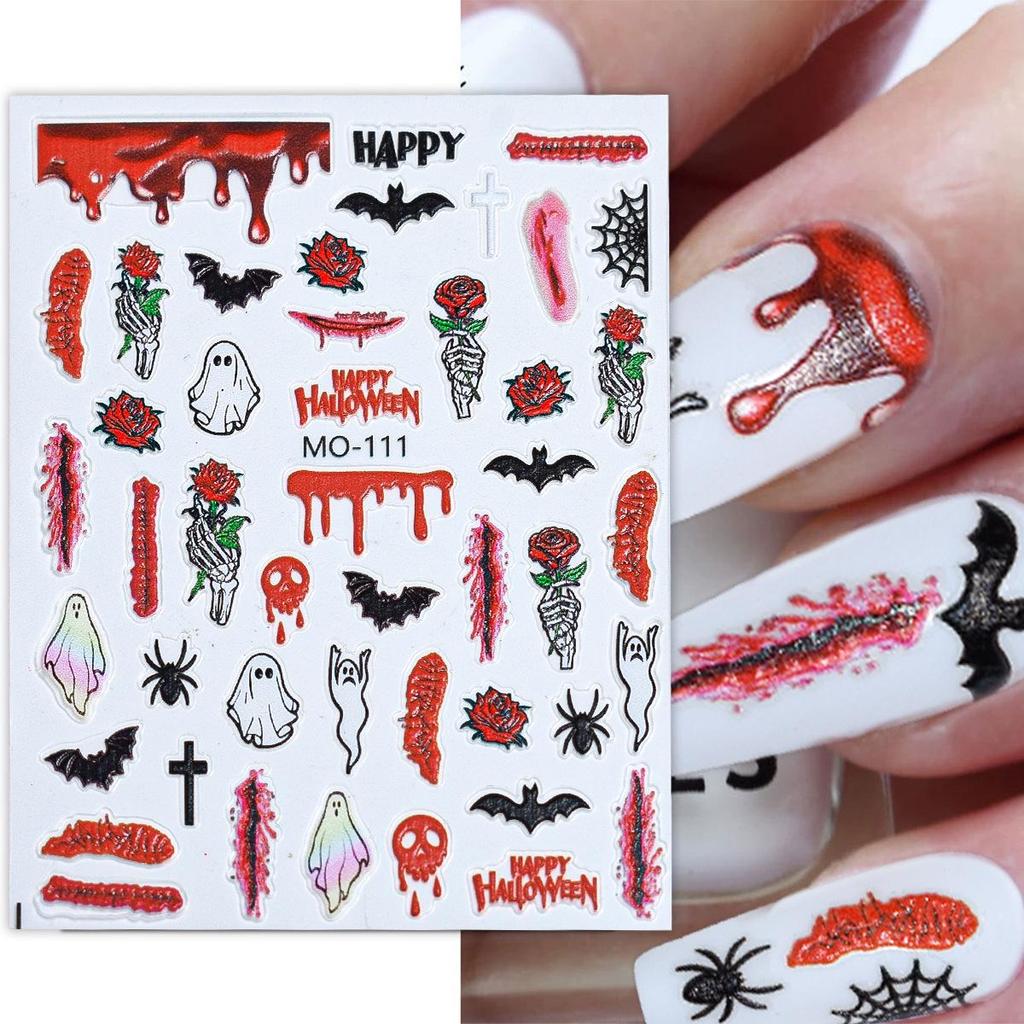 3D Halloween Self-Adhesive Nail Stickers: Skulls, Pumpkins, Witches, Bats.