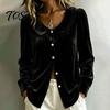 Long Sleeve Shirts Fall Winter Women Velvet Shirt, Regular Fit Button Down Daily Wear Top, Soft Solid Color Lapel Collar Blouse for Lady Autumn Shirt