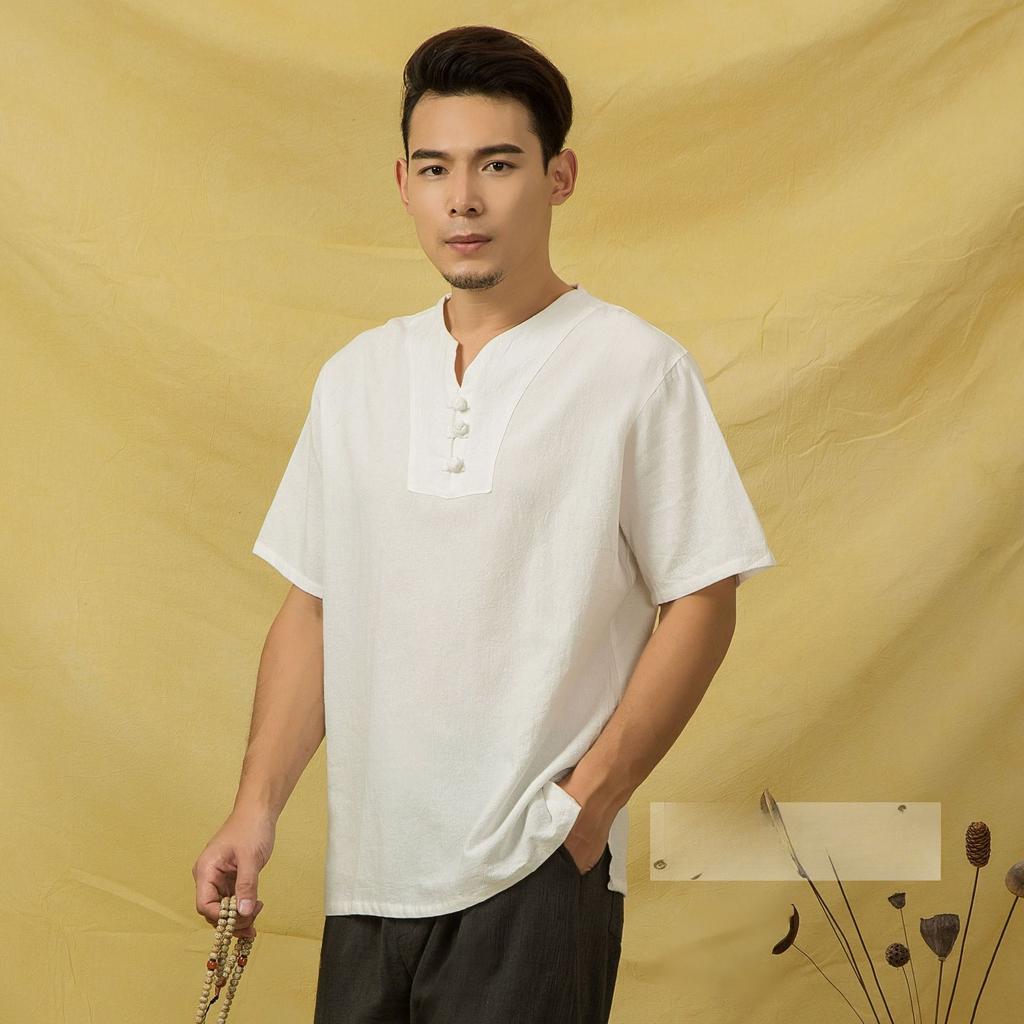 Ethnic Chinese Style Cotton And Linen Clothes Men'S Cotton And Linen V-Neck Short-Sleeved T-Shirt Men'S Thin Slim-Fit Top Summer
